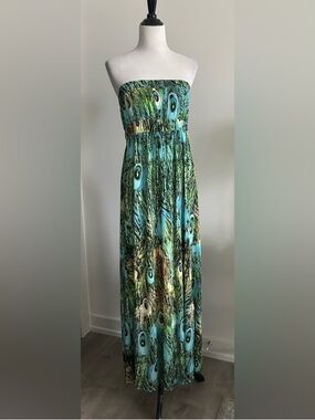 🦚M Strapless Peacock Print Maxi Dress - Green blue yellow
